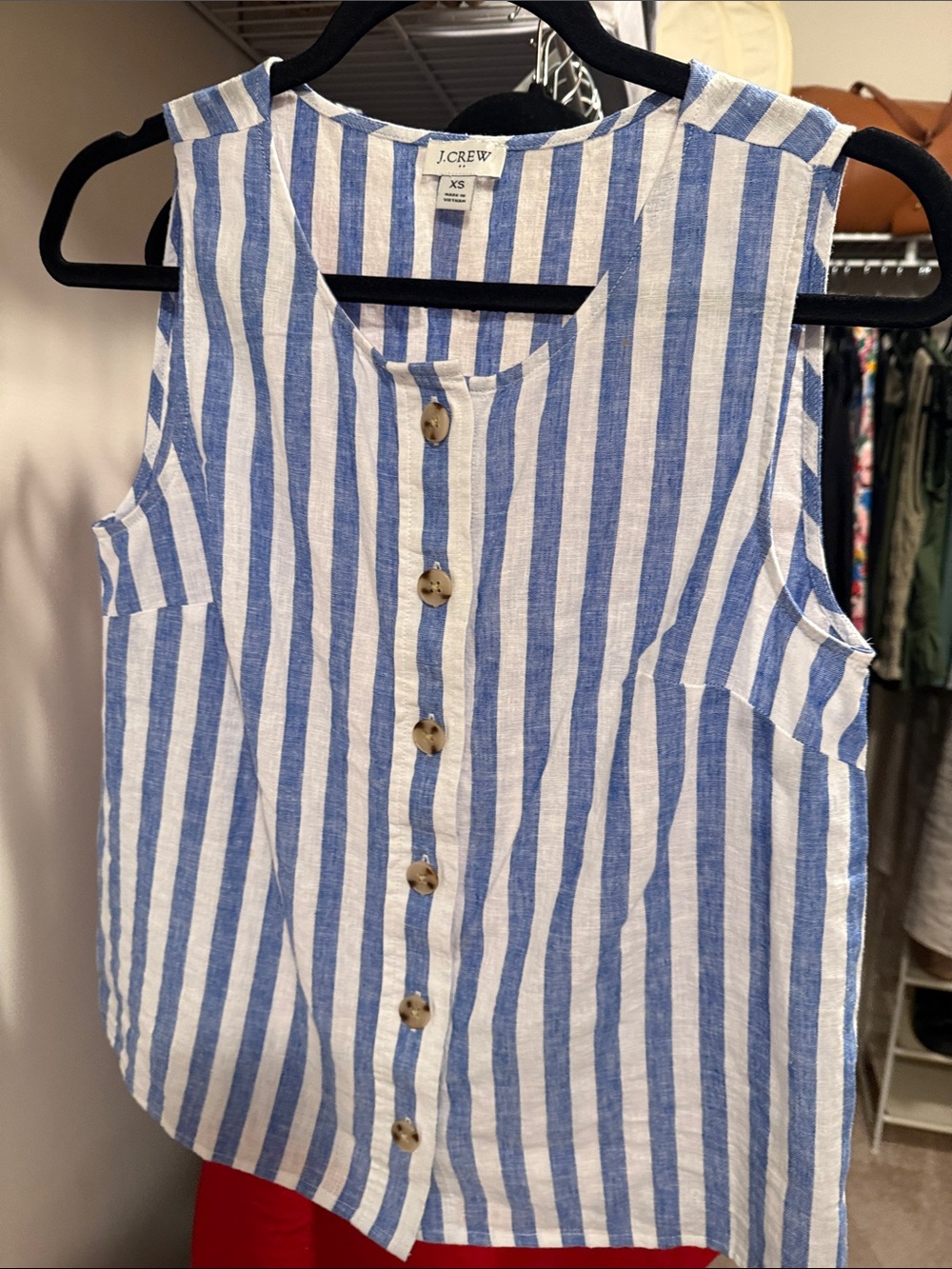 J. Crew Factory Blue & White Striped Button-Front Sleeveless Tank linen cotton